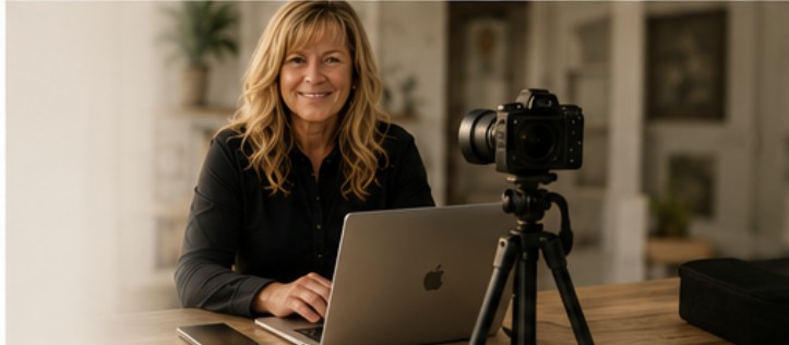 Kels with laptop and camera