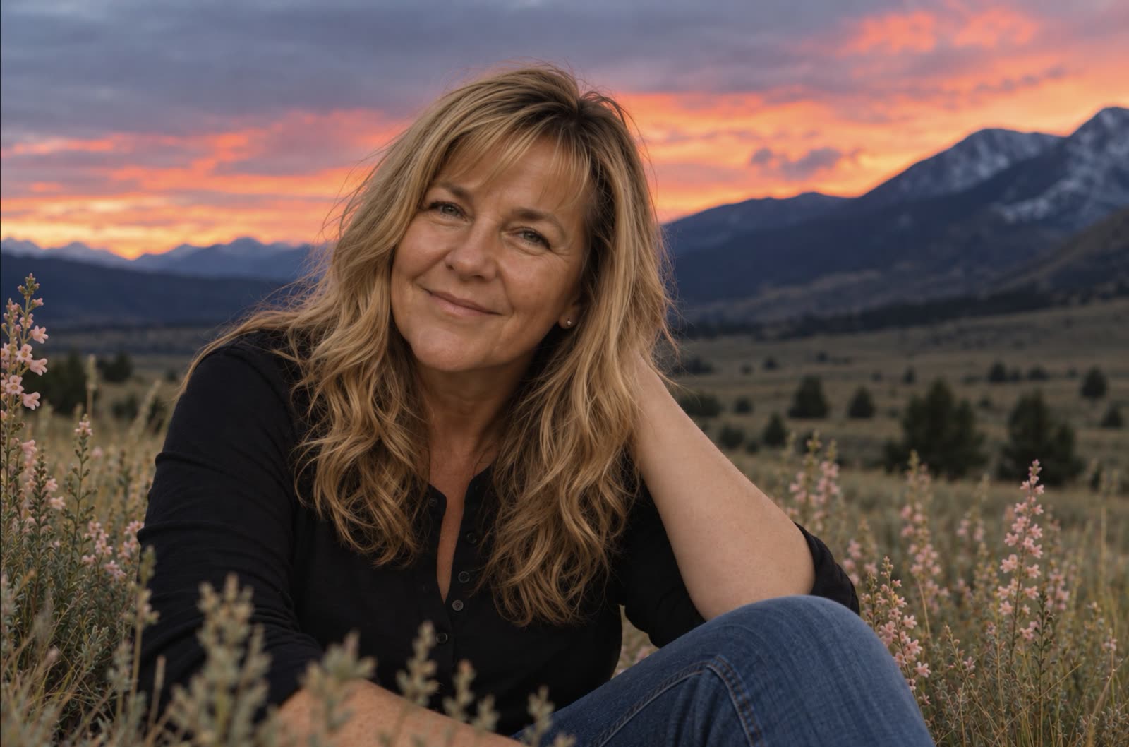 Kels sitting among wildflowers at sunset with mountains behind her